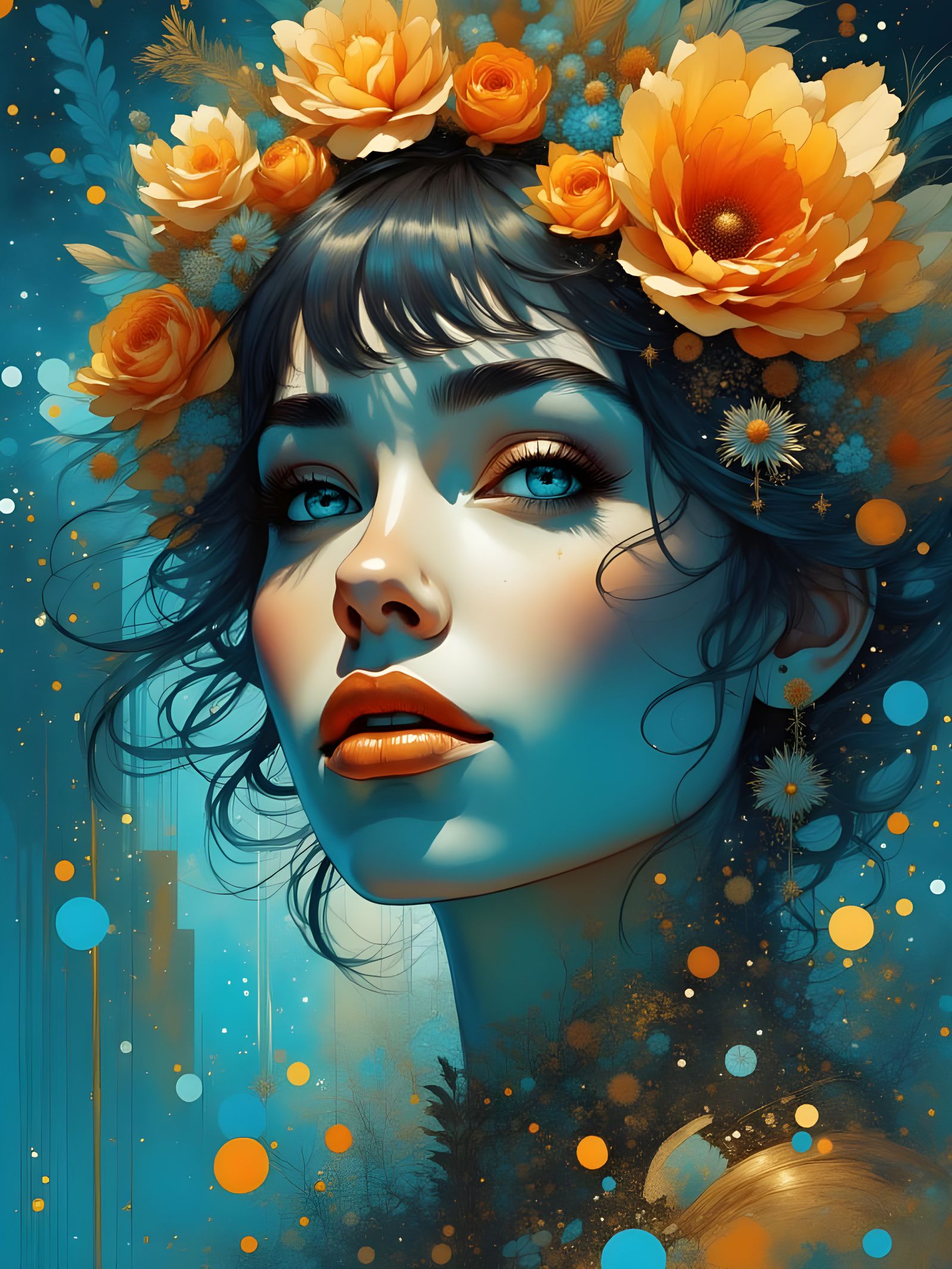 Dreamy Surrealist Portrait in Soft Blues and Orange Accents