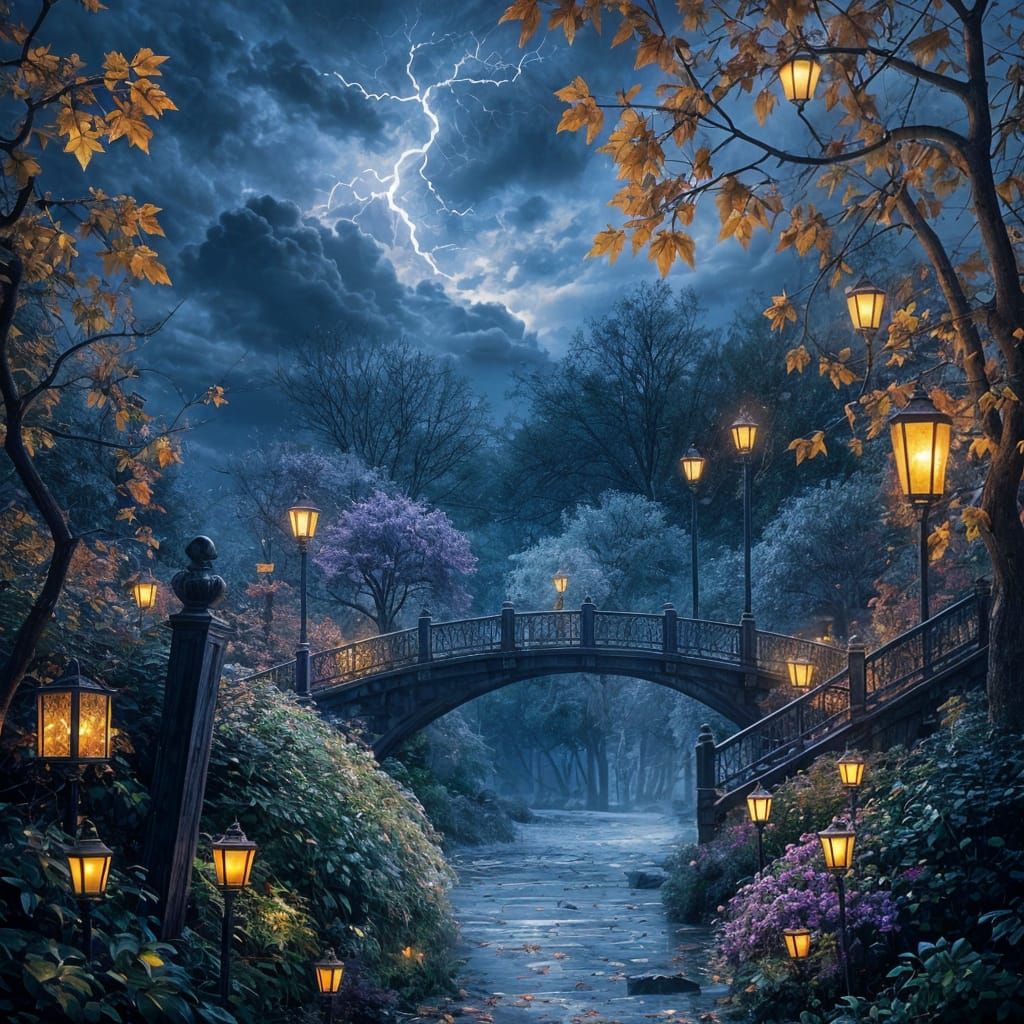 Surreal Twilight Garden Dreamscape in Autumn Storm