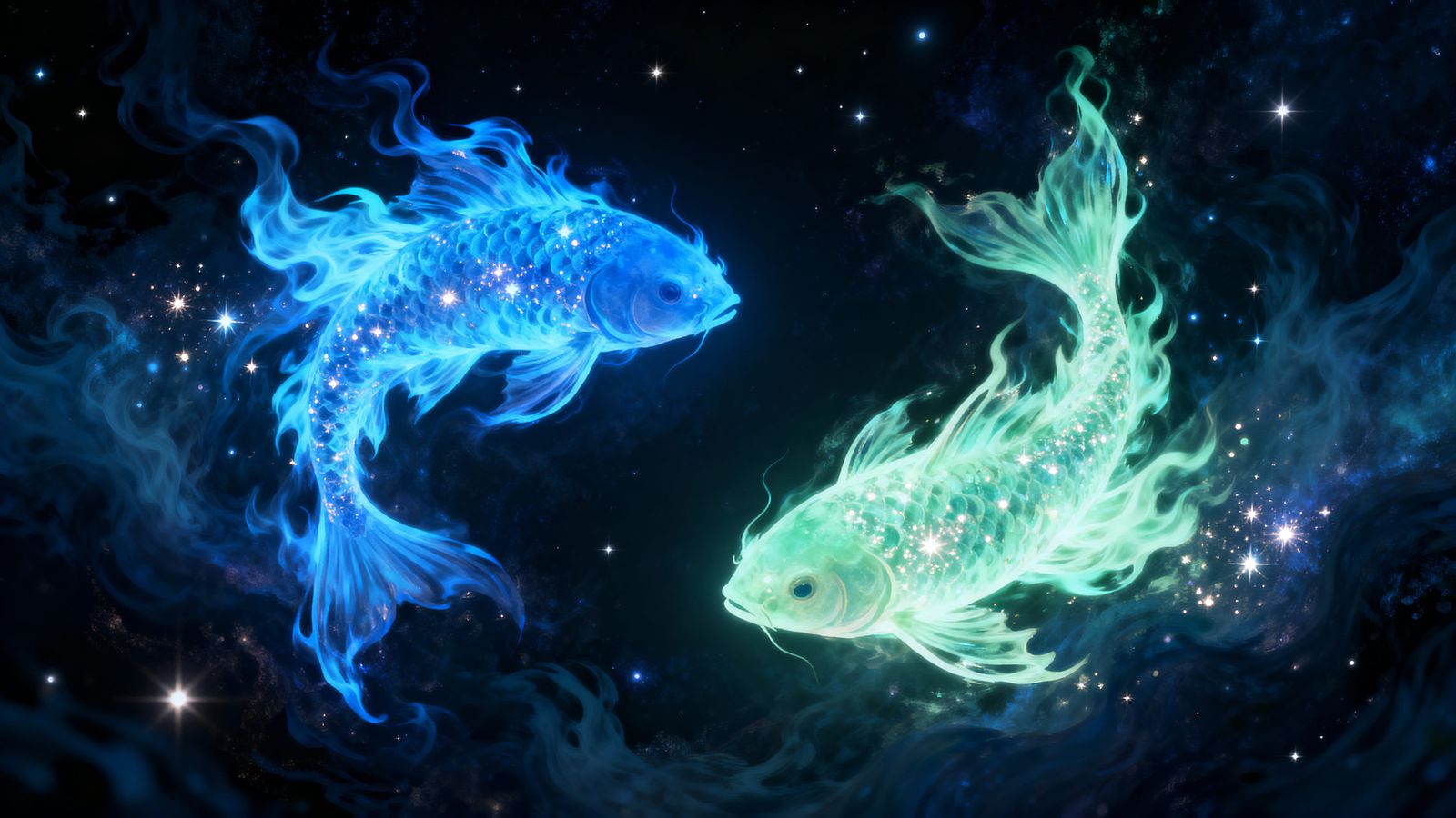 Electric Blue and Green Flame Fish in Cosmic Darkness