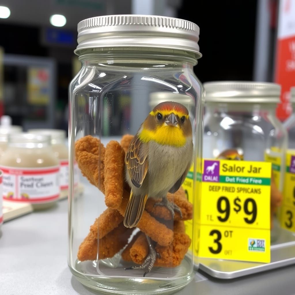 (Deep Fried Sparrows in a Jar: 3) for sale at a gas station