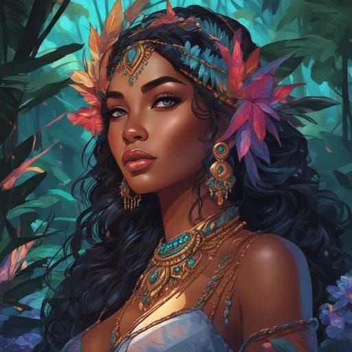 Caribbean Woman in Dark Magic Forest