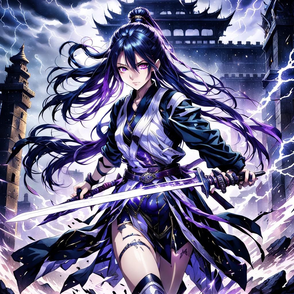 Anime Woman with Electric Sword in Dark Castle