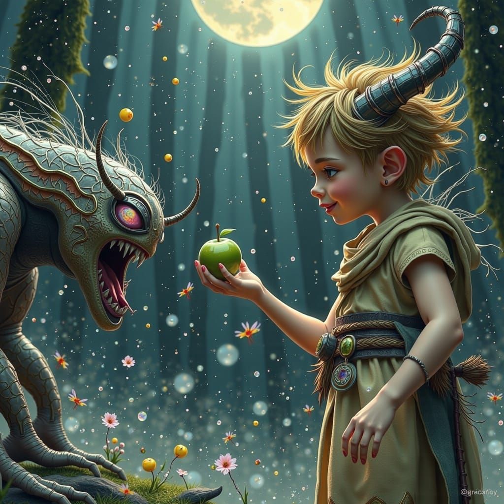 Child Offers Apple to Meenlock in Heroic Fantasy Style
