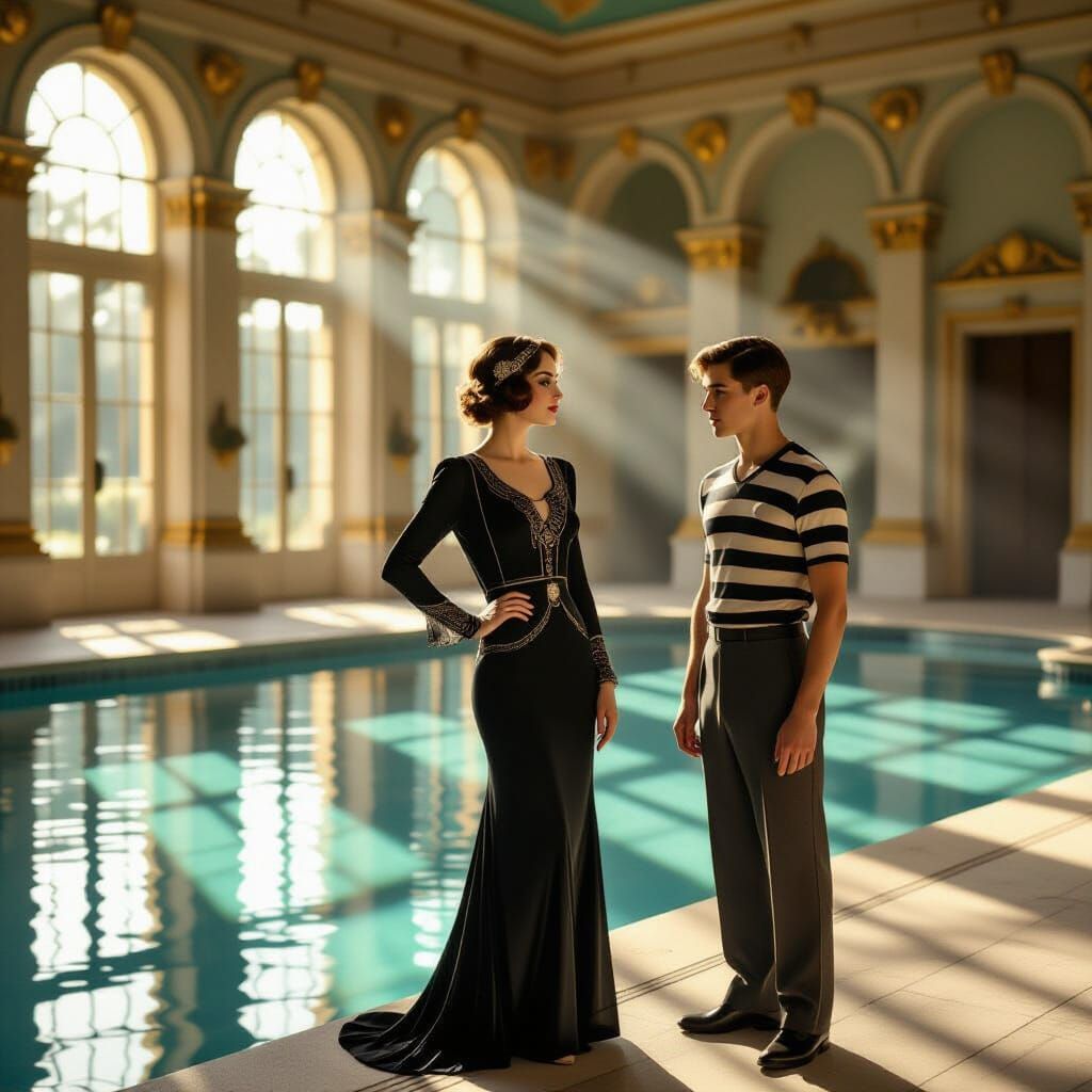 Elegant Woman by Pool in Decaying Art Deco Mansion