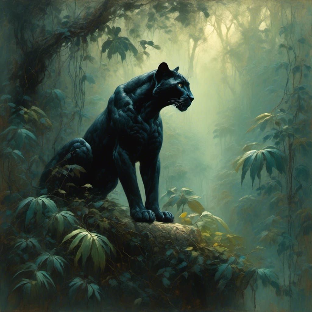Majestic Black Panther in Misty Jungle