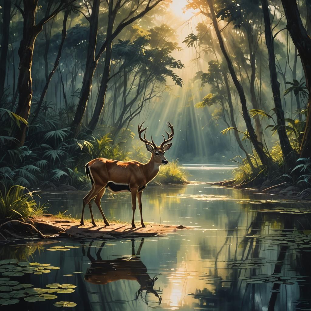 Impala Drinking: Jungle Lake Watercolor Painting