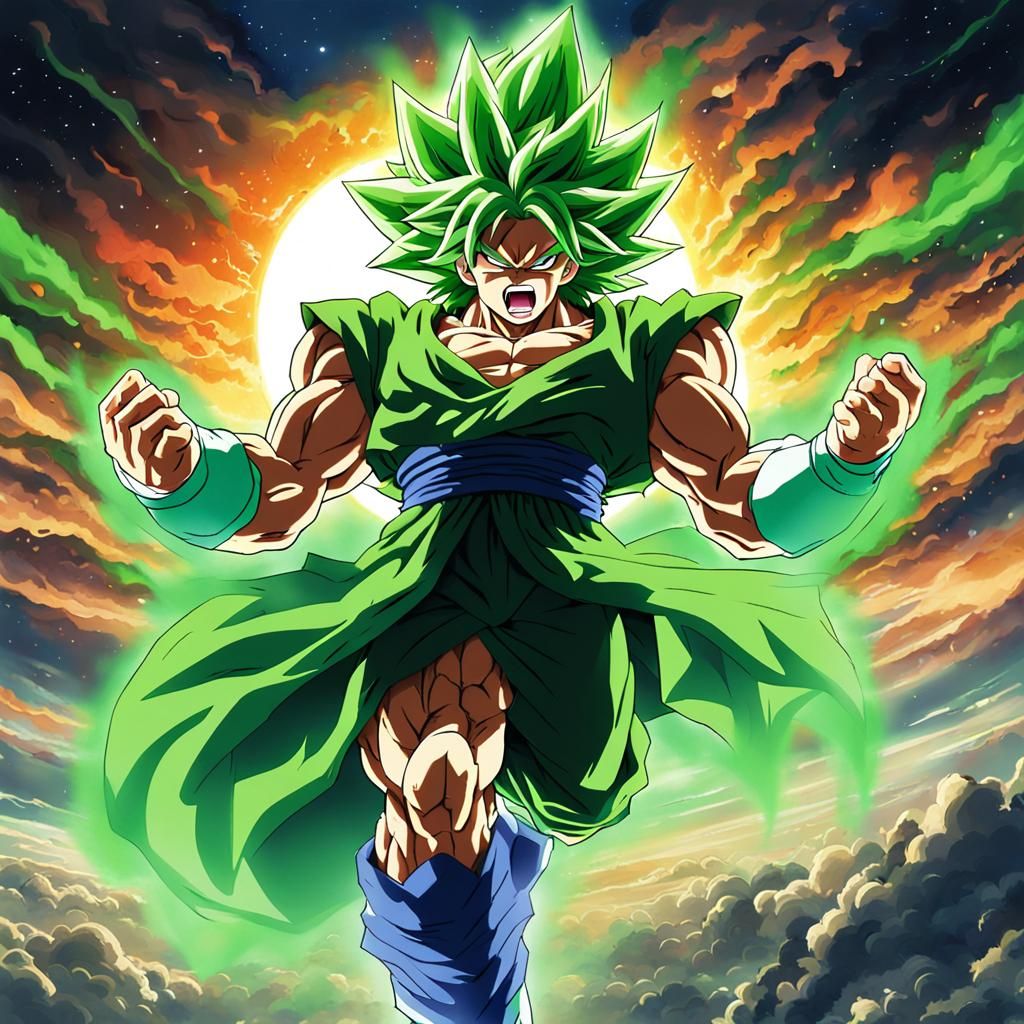 Anime Broly Screaming with Green Aura