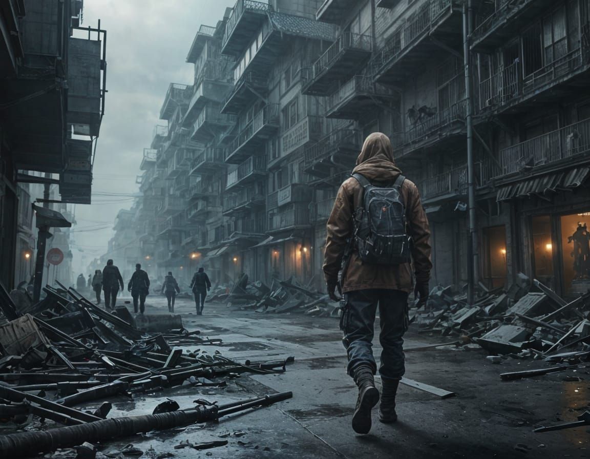 Crowd Fleeing War in Dark Fantasy Style