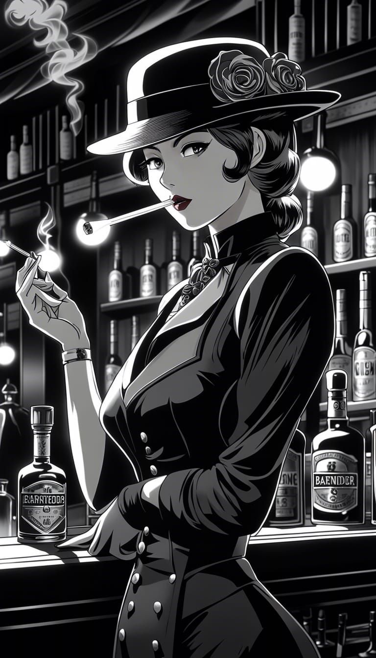 Monochrome Anime Bartender in Dieselpunk Speakeasy