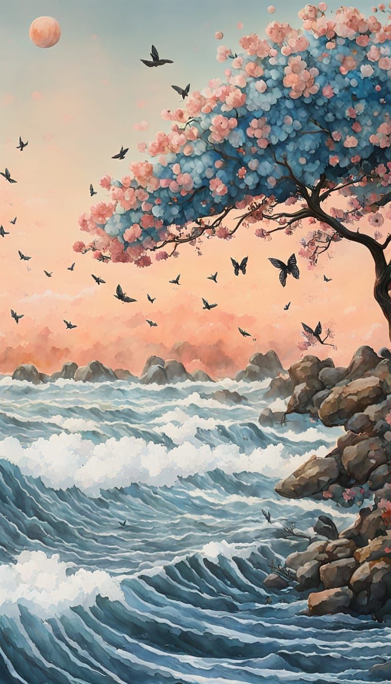 Ethereal Beach Scene in Liquid Ink Watercolor Style