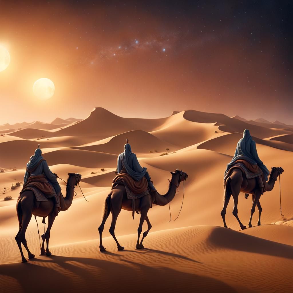 Three Wise Men Journey Through Desert Landscape