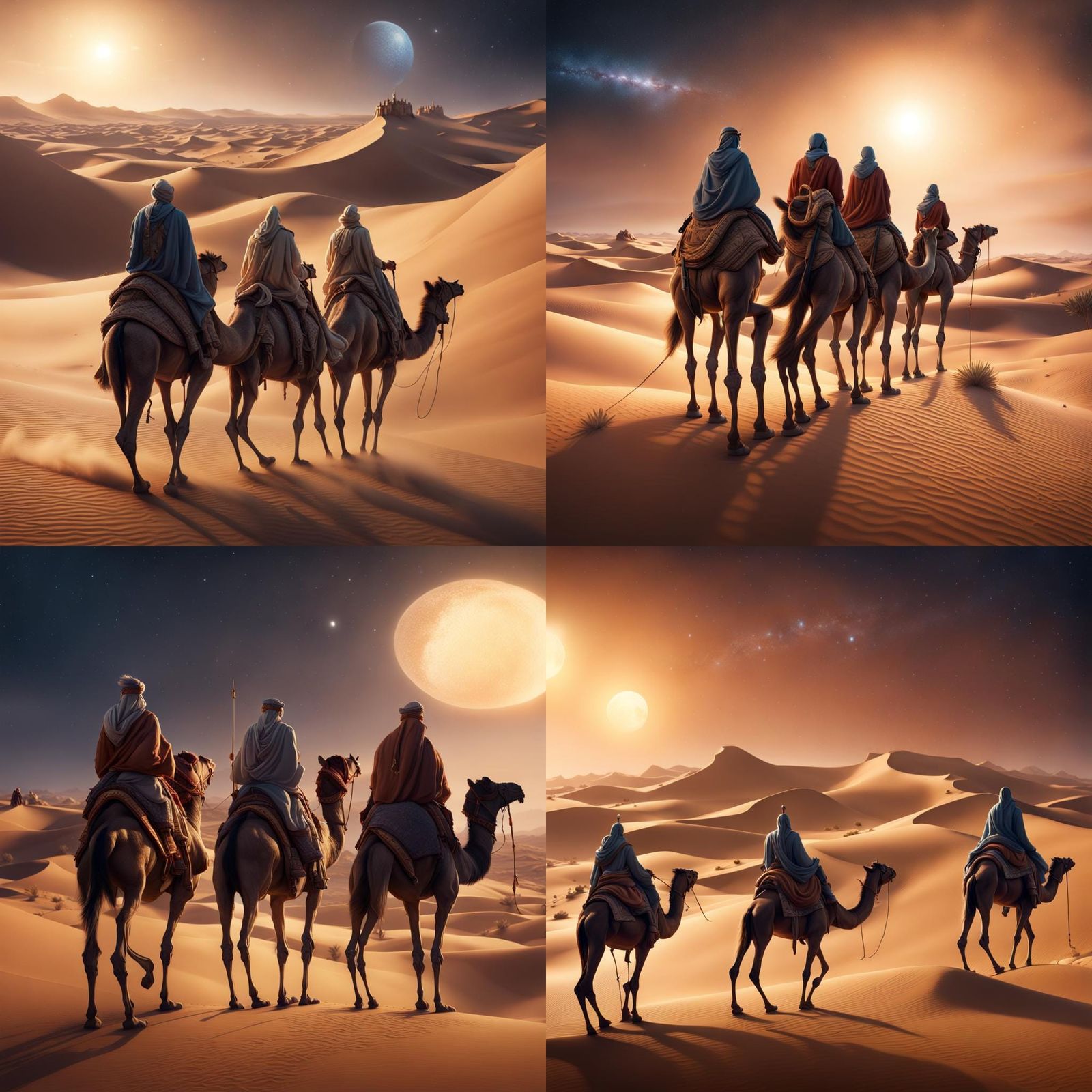 Three Wise Men Journey Through Desert Landscape