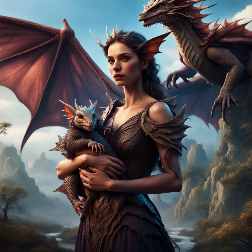 Dragon-Winged Fairy with Baby Dragon: Fantasy Art
