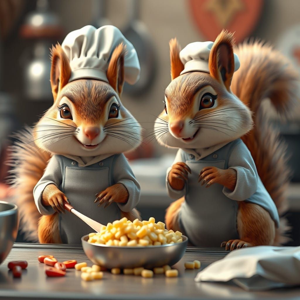 Anime-Style Squirrels in Detailed Culinary Settings