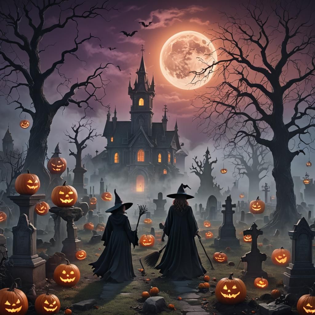 Halloween Witch and Ghosts in Graveyard Scene
