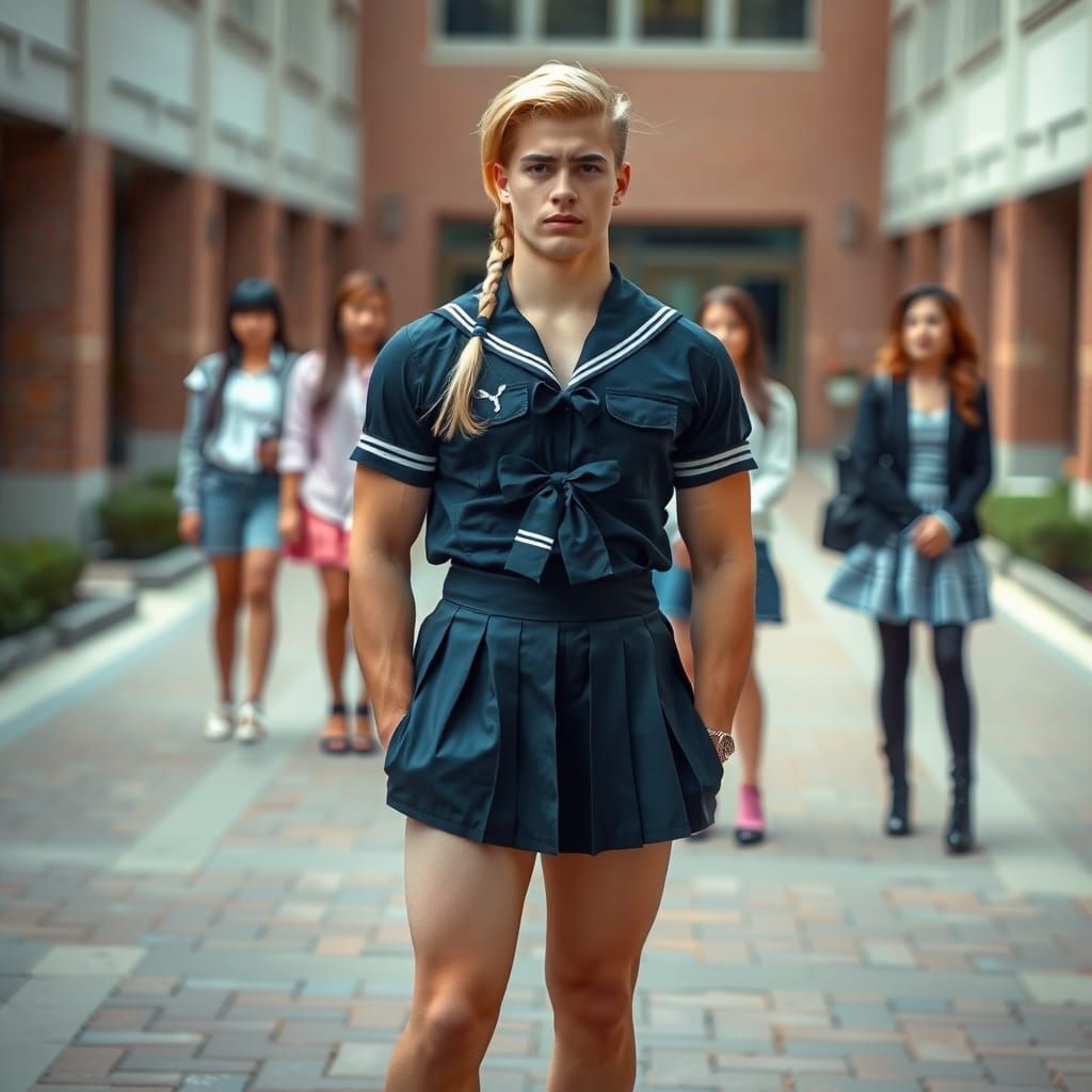 Worried Boy Crossdressing in School Uniform
