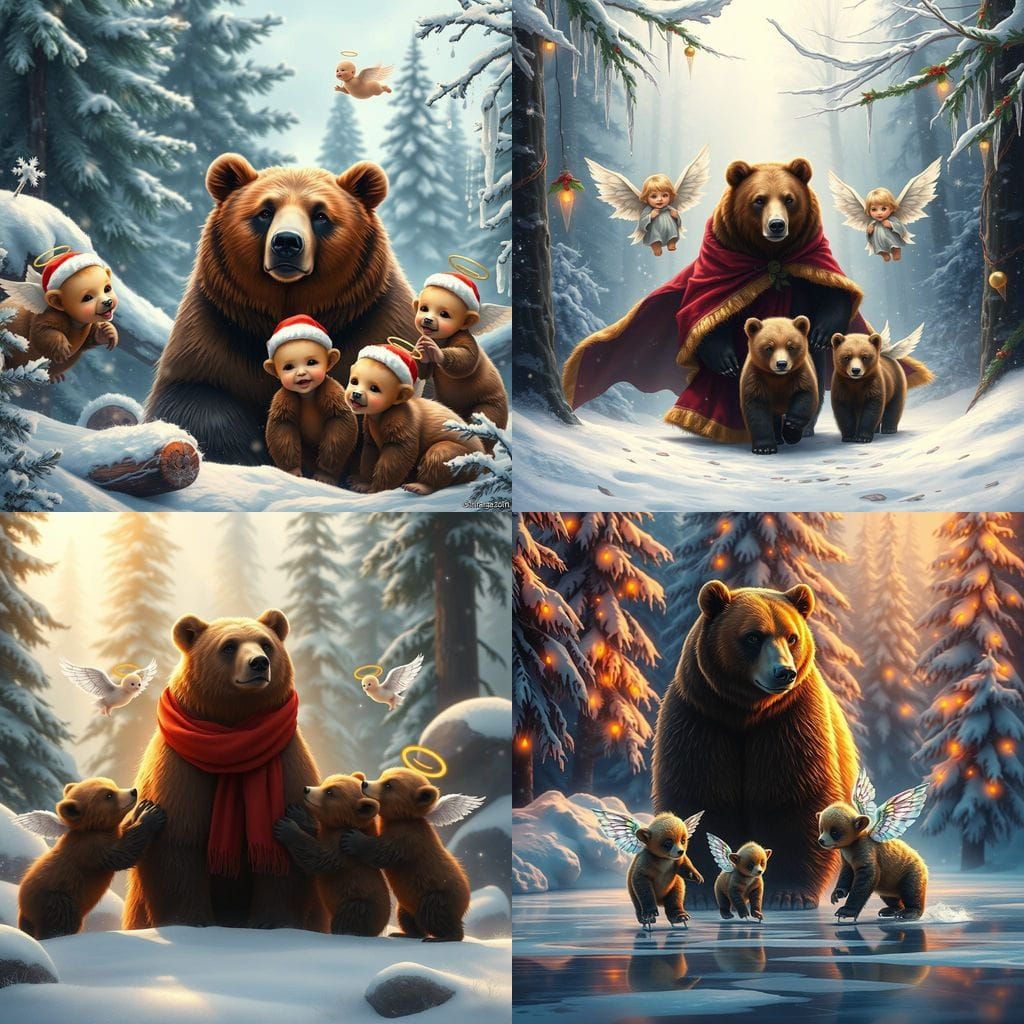 Majestic Brown Bear Family Surrounded by Angelic Cubs in Whi...