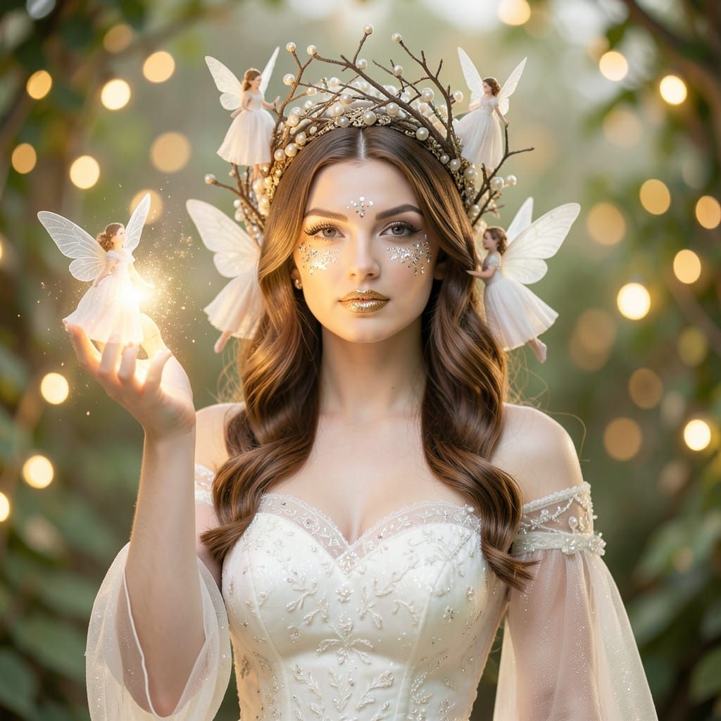 Ethereal Woman Crowned in Nature, Conjuring Magic Light