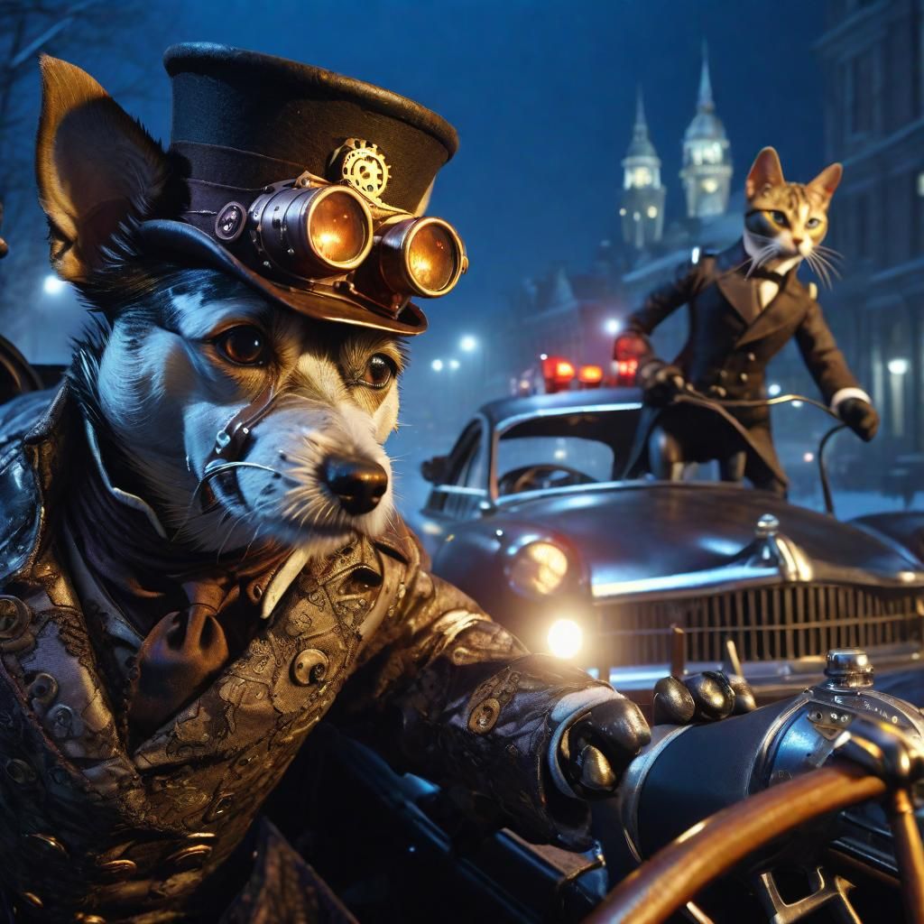 Steampunk Dog Chase in Winter City Night