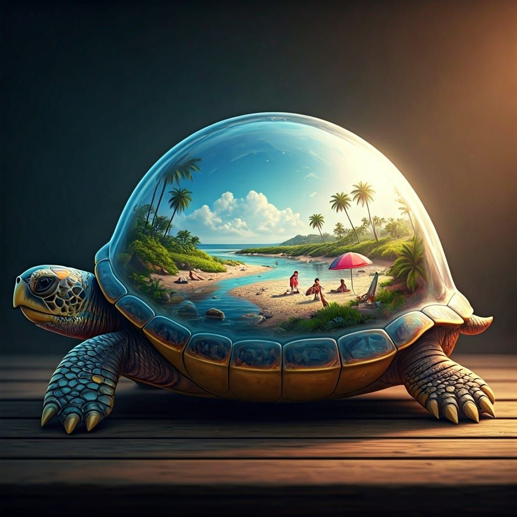 Hyper-Realistic Turtle Shell Beach Scene in a Summer Oasis