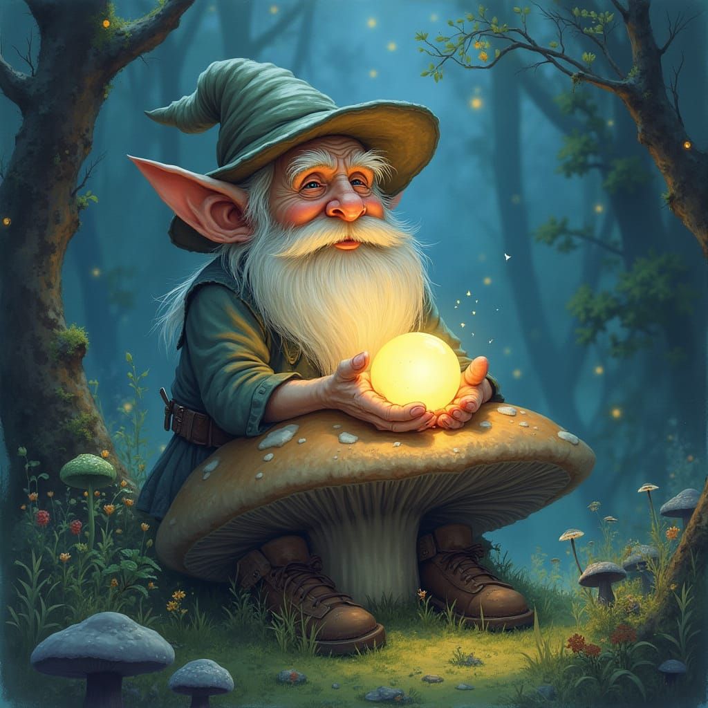 Gnome on Mushroom in Watercolor Forest