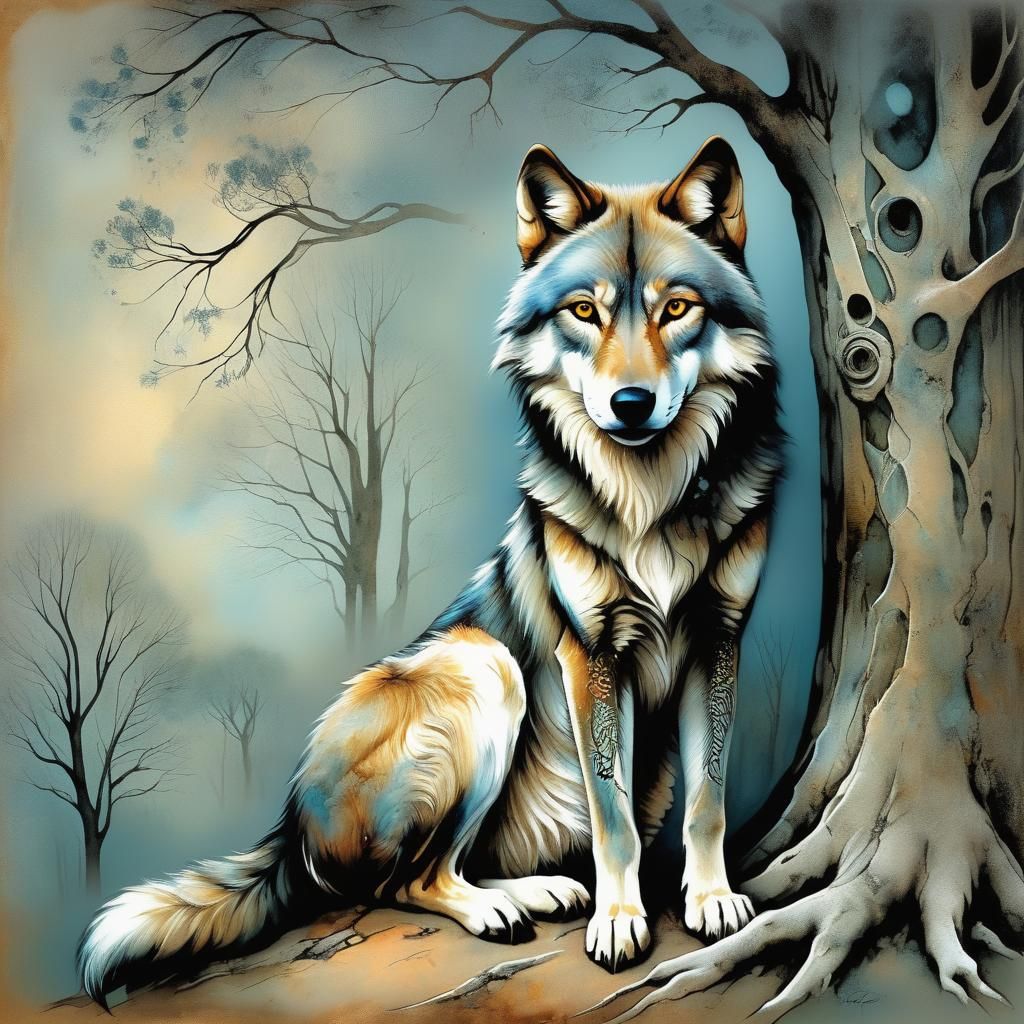 Wolf in Mystical Landscape, Boulet Style