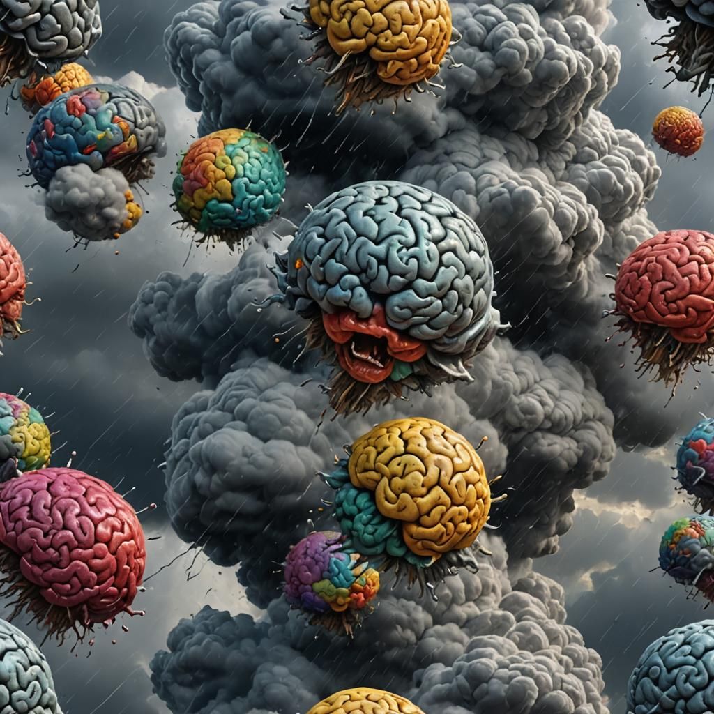 Brains Raining From Storm Clouds: Hyperrealistic Splash Art