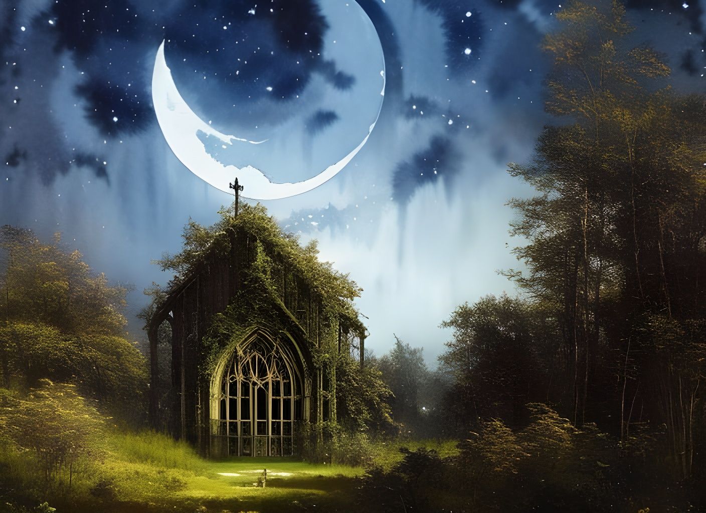 Abandoned Chapel Watercolour in Fantasy Art Style