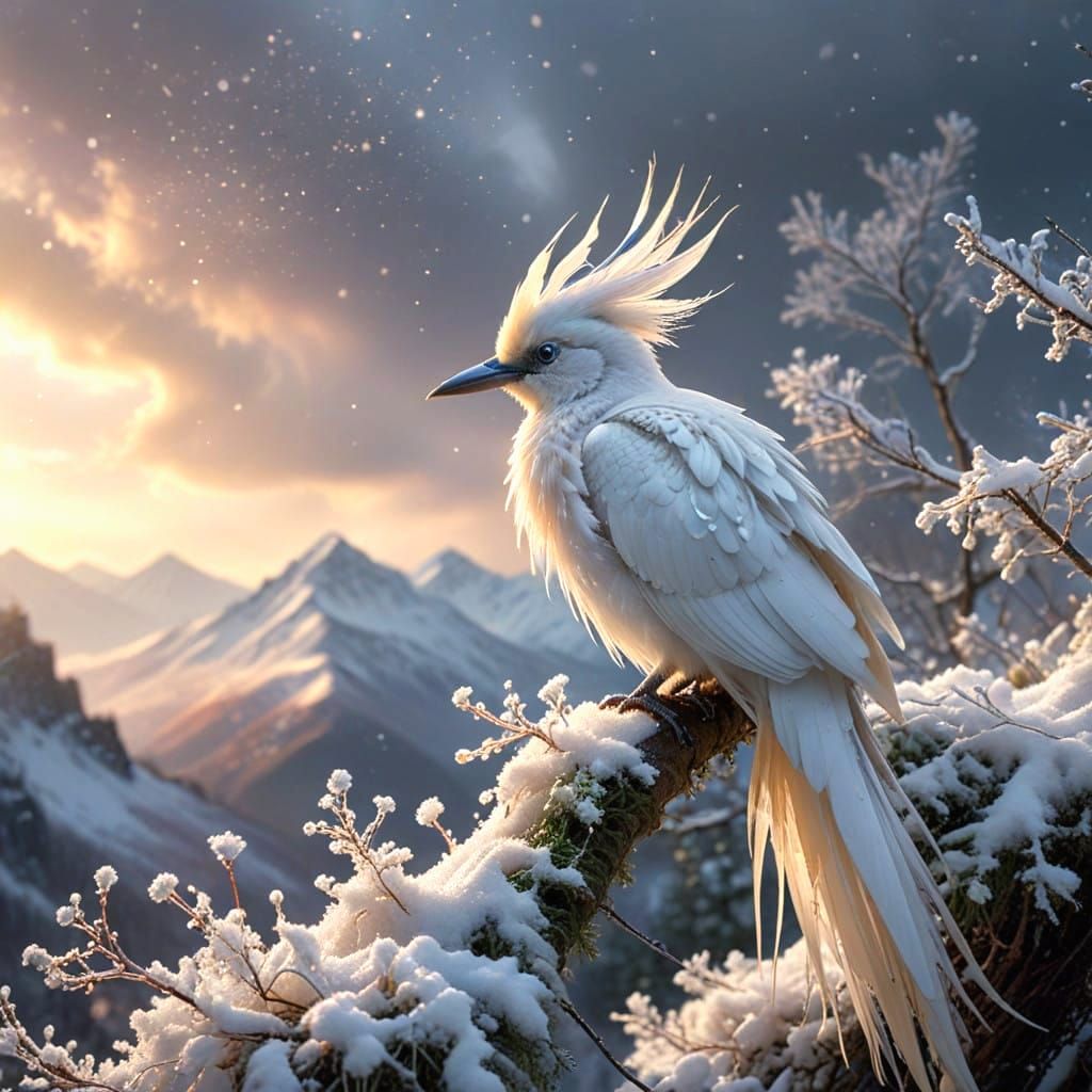 Luminous Bird of Paradise Soars Above Serene Snow-Capped Pea...