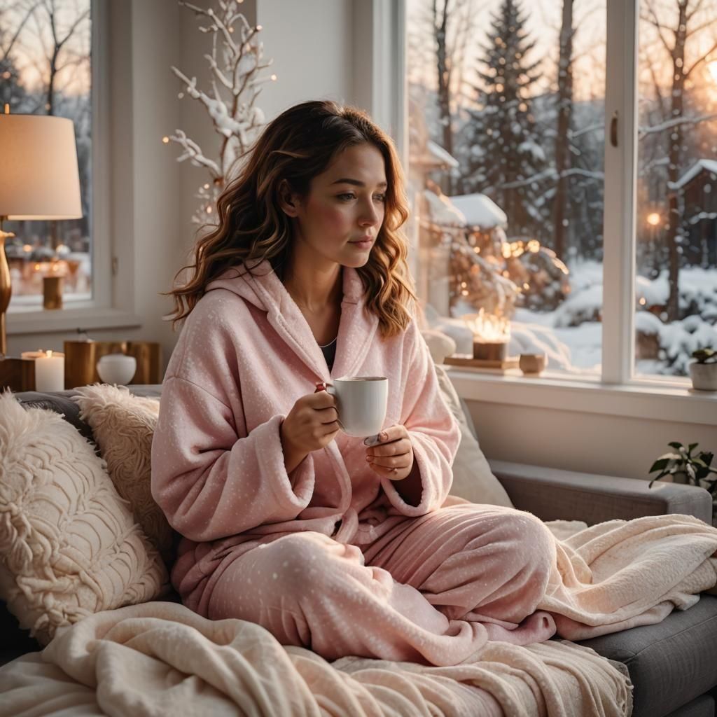 Girl in Pink Pajamas Enjoying Coffee on Sofa