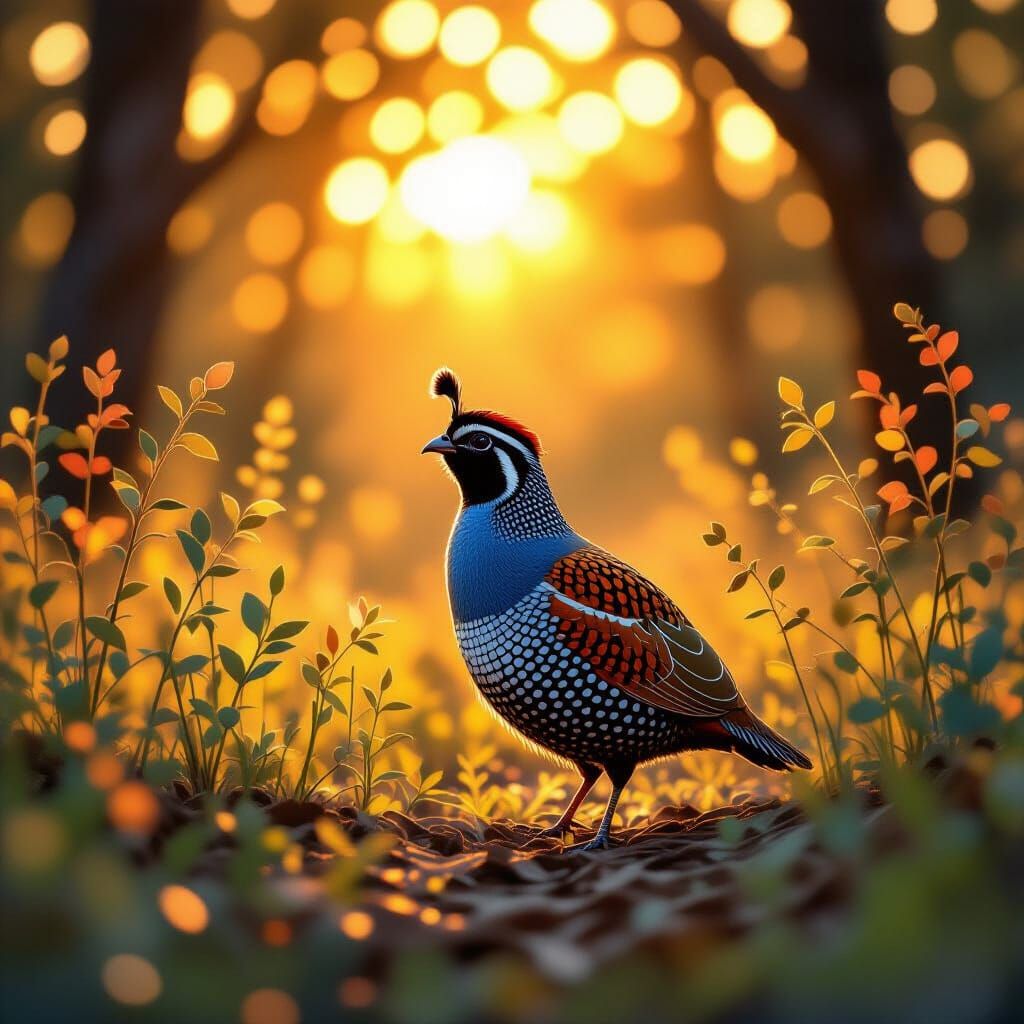 Quail in Woodland, Pointillism Style Illustration