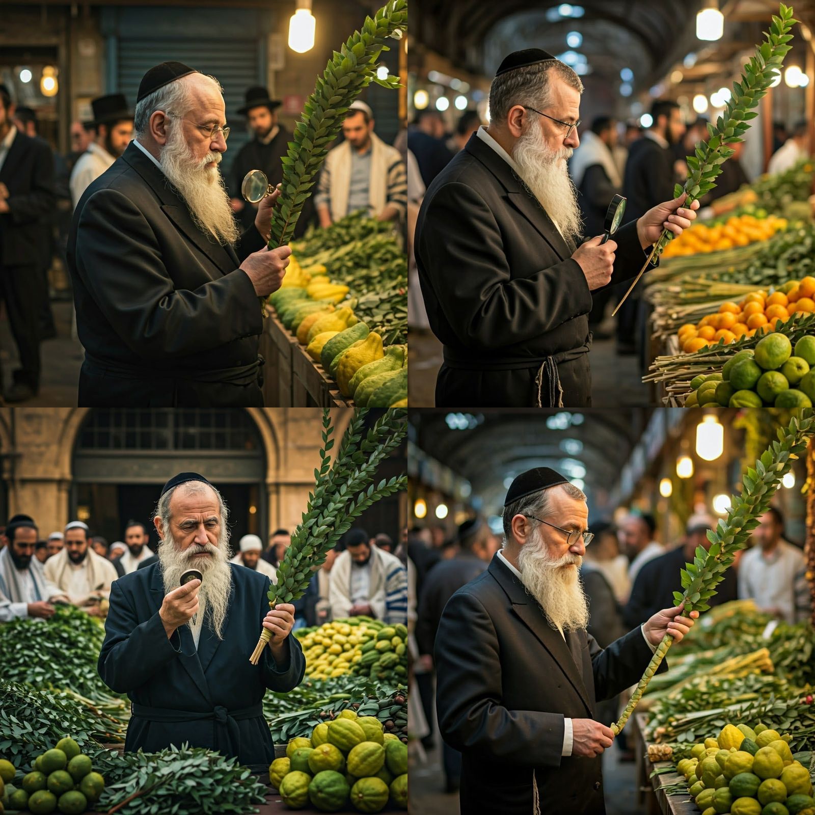 Hasidic Jew Inspecting Lulav in Bustling Market