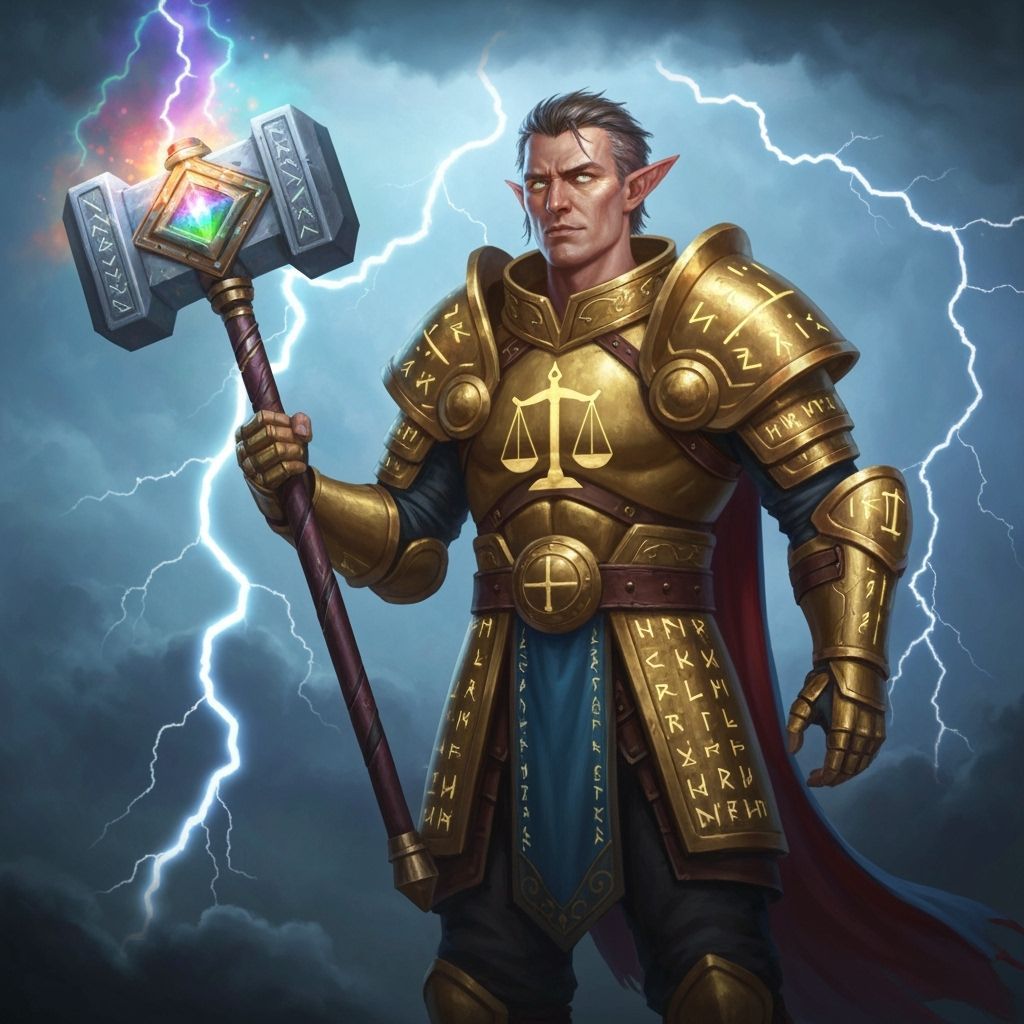 Half-Elf Paladin Wields Glowing Hammer in Epic Fantasy Art