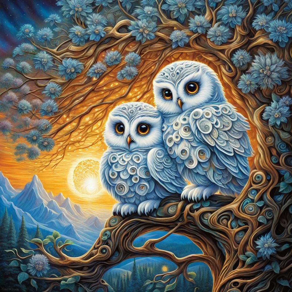 Kissing Chibi Snow Owls on Tree of Life