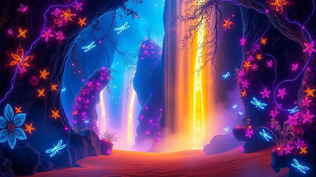Glowing Crystalline Forest with Fiery Flora and Dragonflies