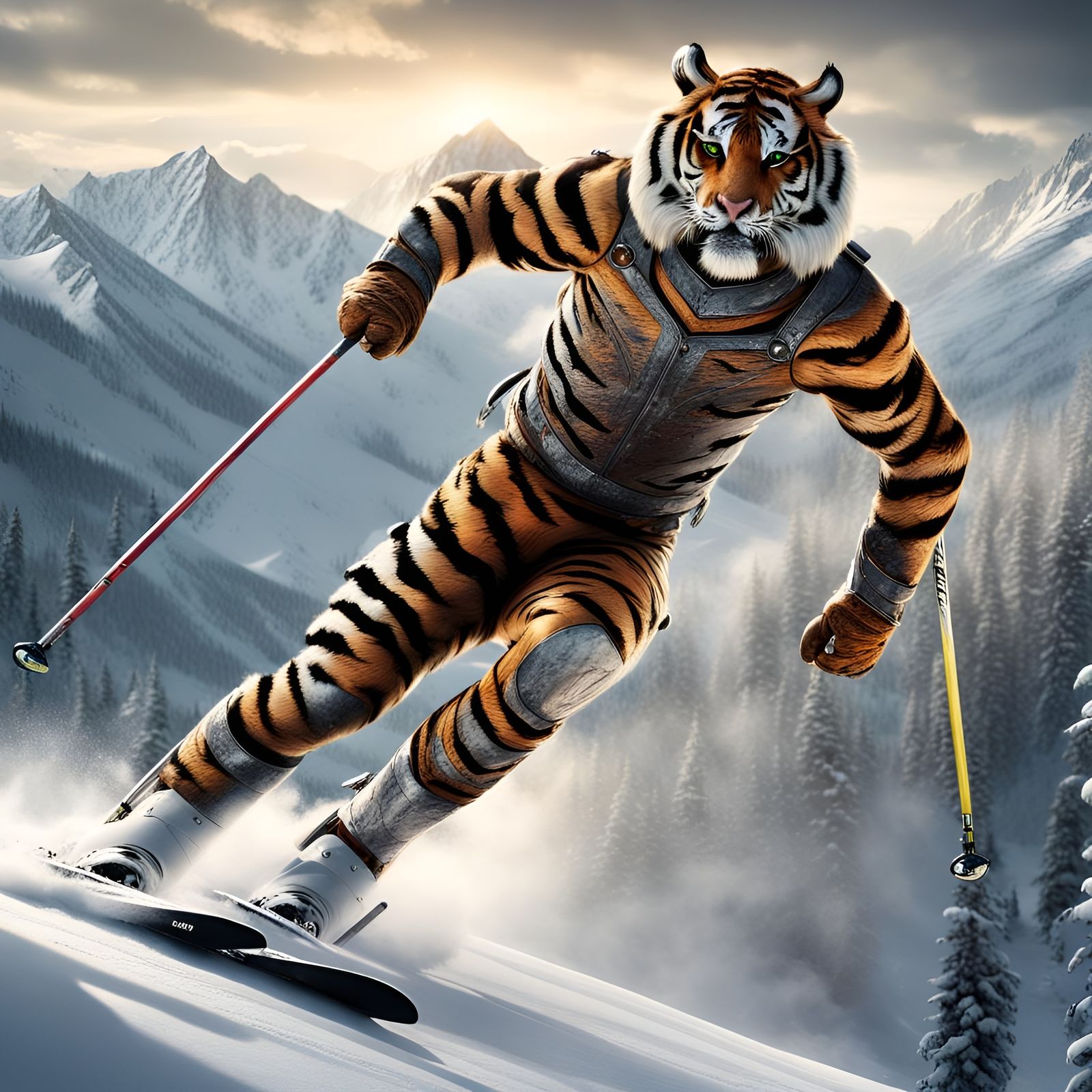 Tiger Knight Skiing Down Mountain in Digital Painting