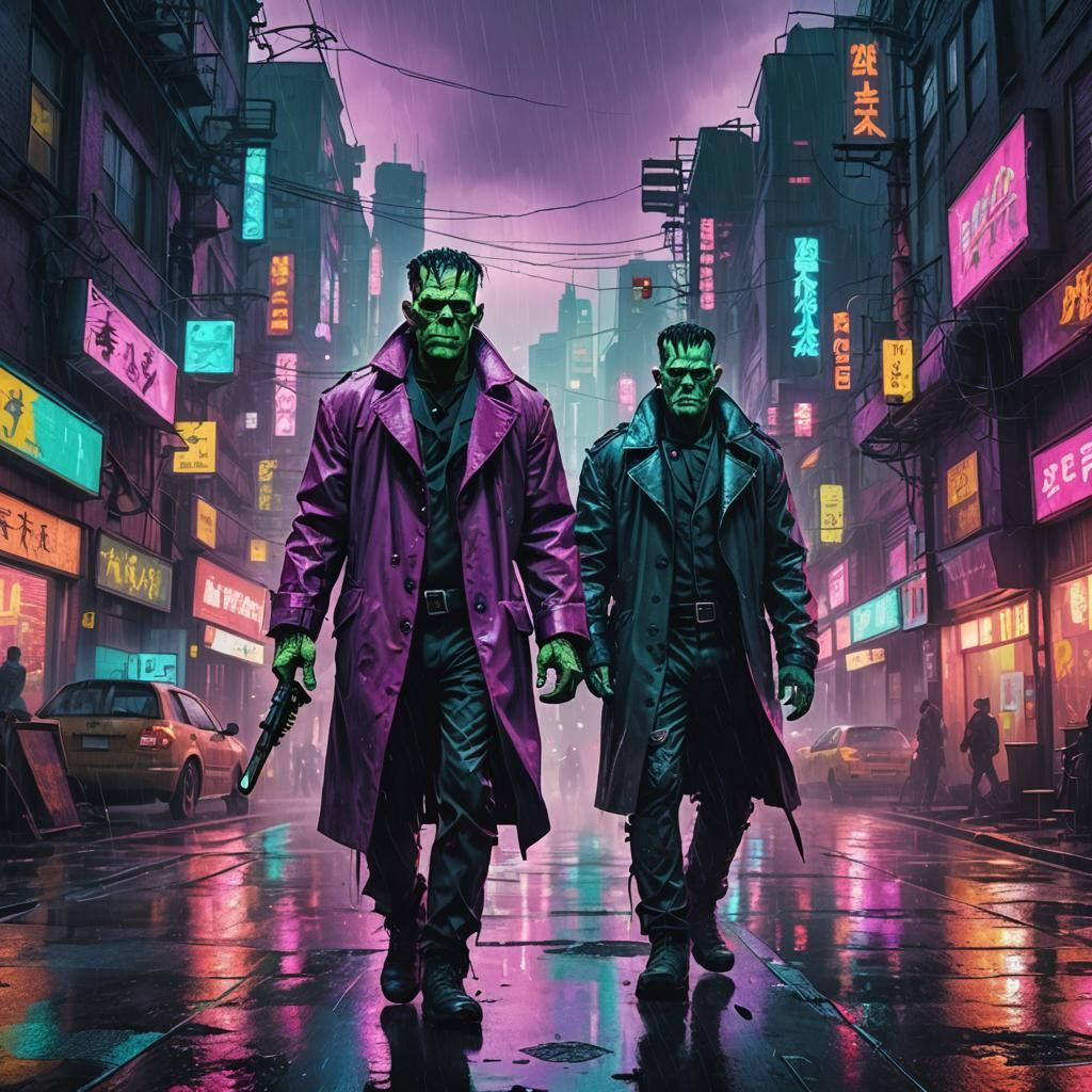 Frankenstein's Monster in a Neon Cyberpunk City