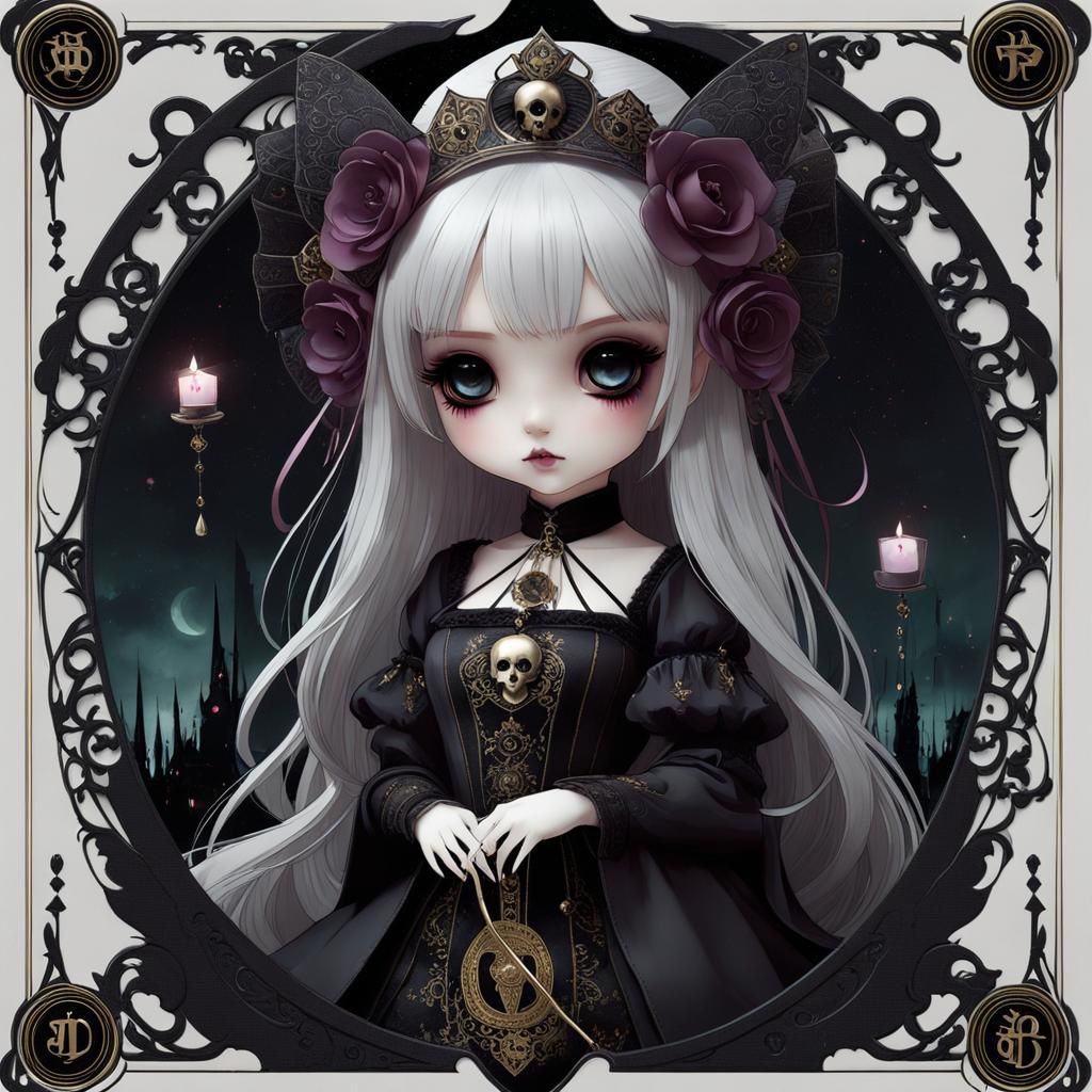 Kawaii Doll with Death Tarot Card Background