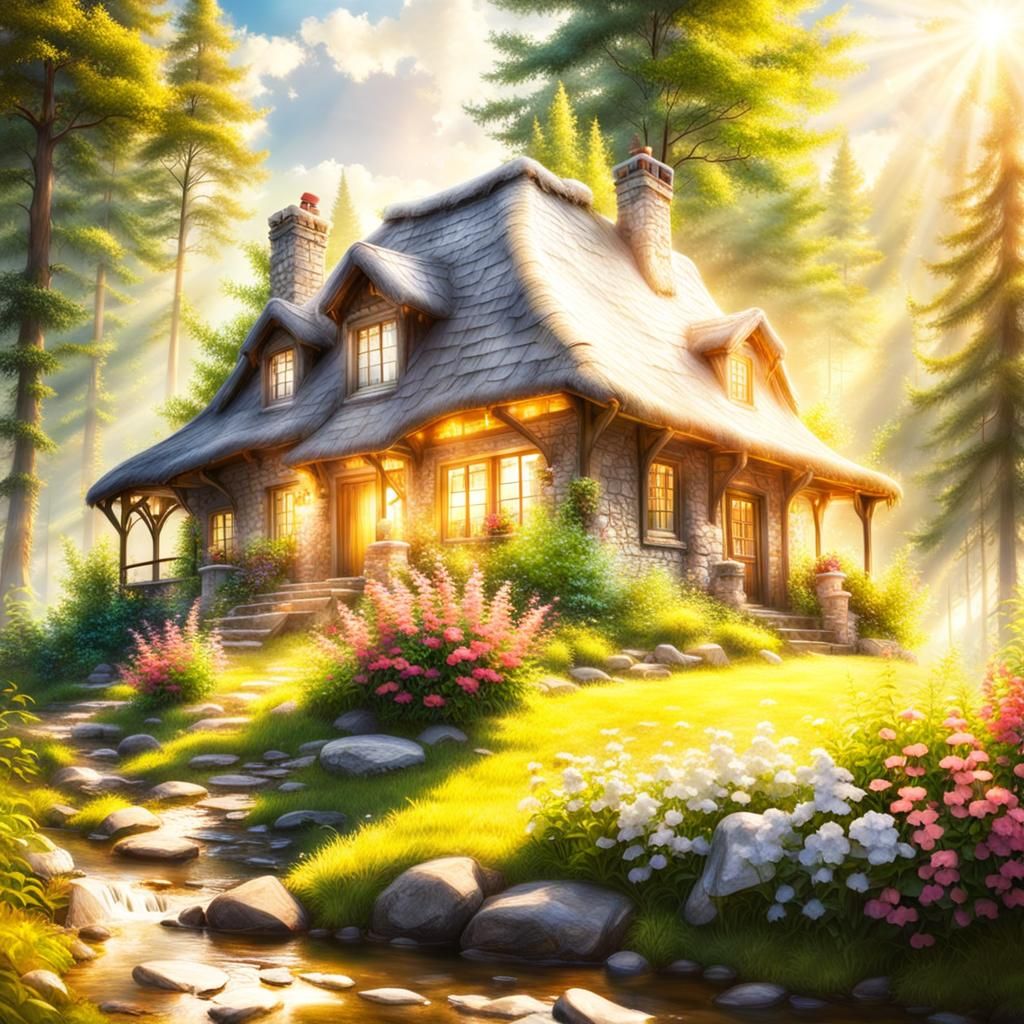 Idyllic Cottage in Forest with Divine Light