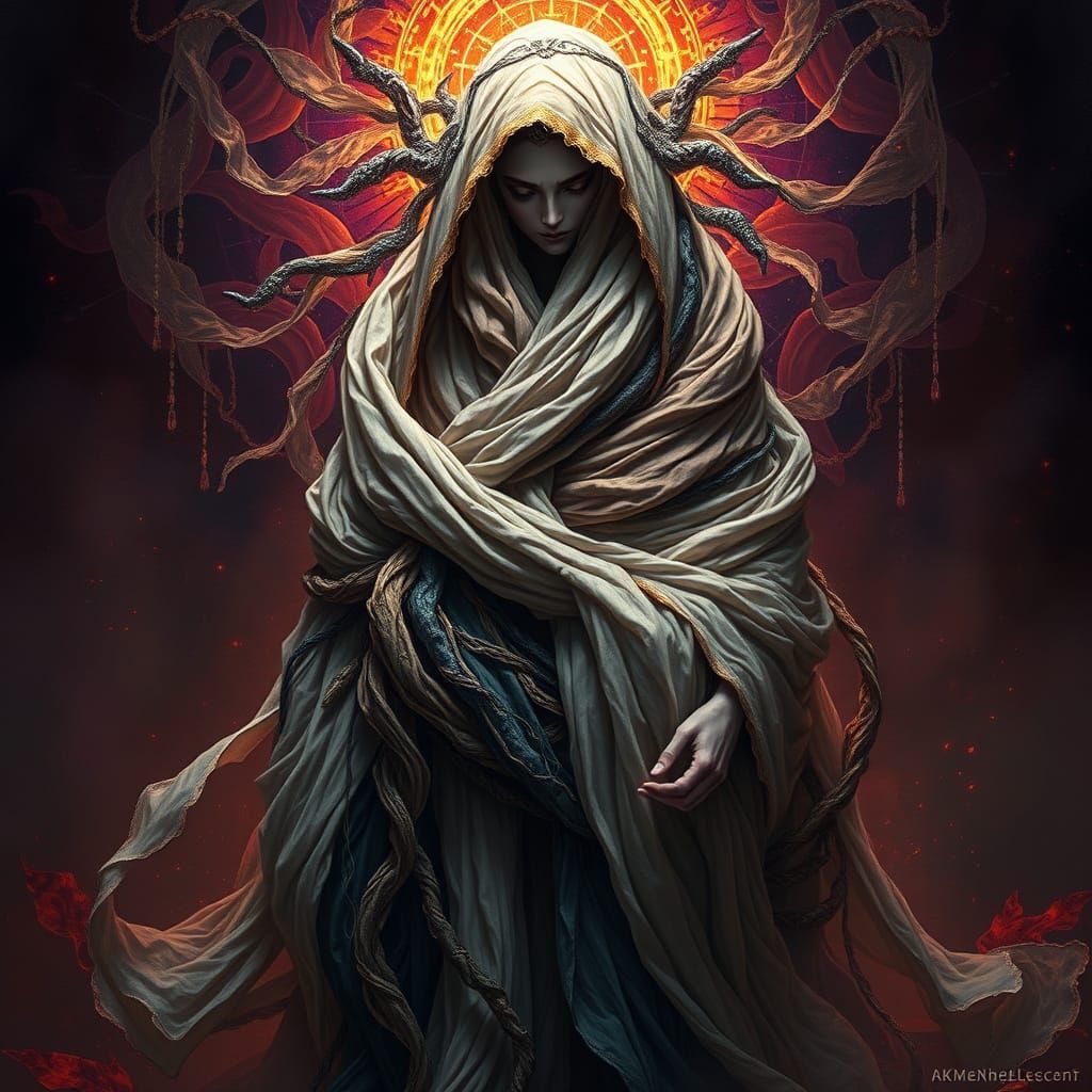 Mystical Figure Unfurls from Tapestry of Fabrics in Vibrant,...