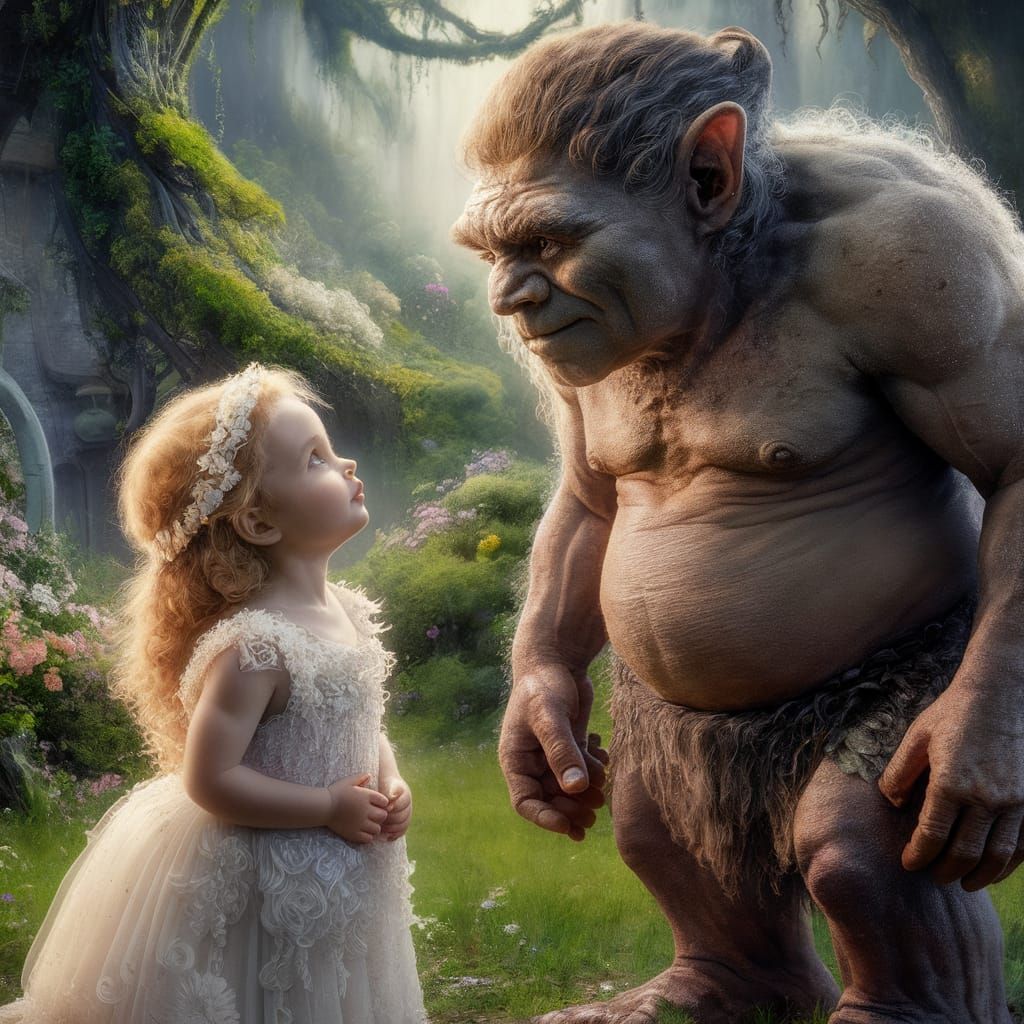 Enchanted Forest Encounter: Girl and Friendly Troll