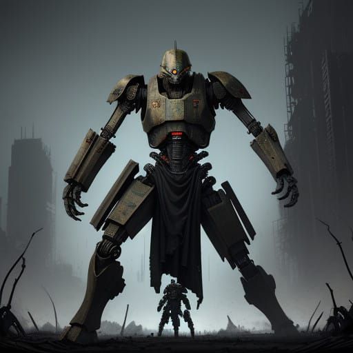 Skeletal Combat Droid Emerges from Ancient Battlefield Ruins
