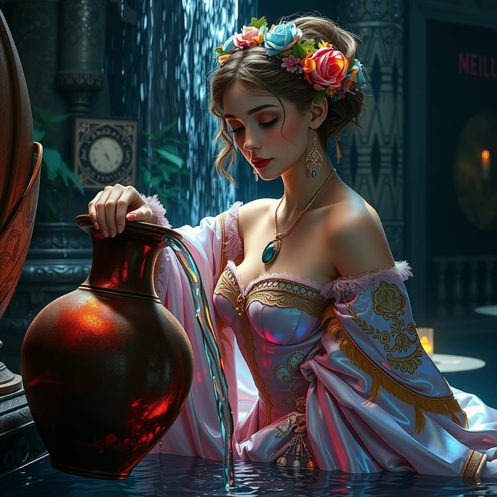 Woman Pouring Elixir: Harry Clarke and Mucha Style