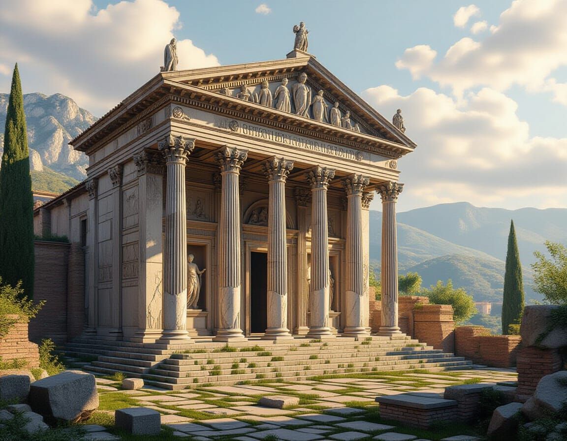 Majestic Roman Temple to Bacchus in Lush Landscape