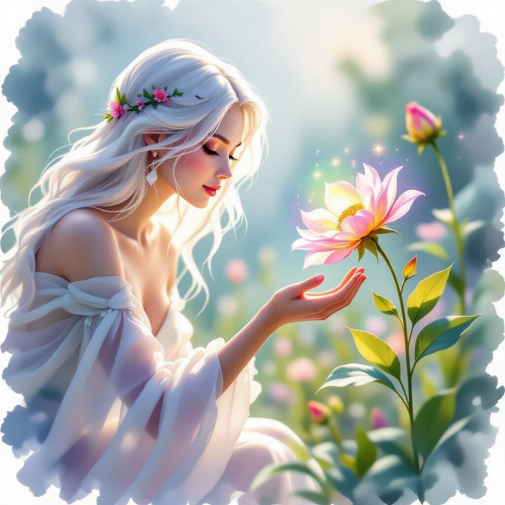 Spectral Figure Revives Blooming Flower in Watercolor Style