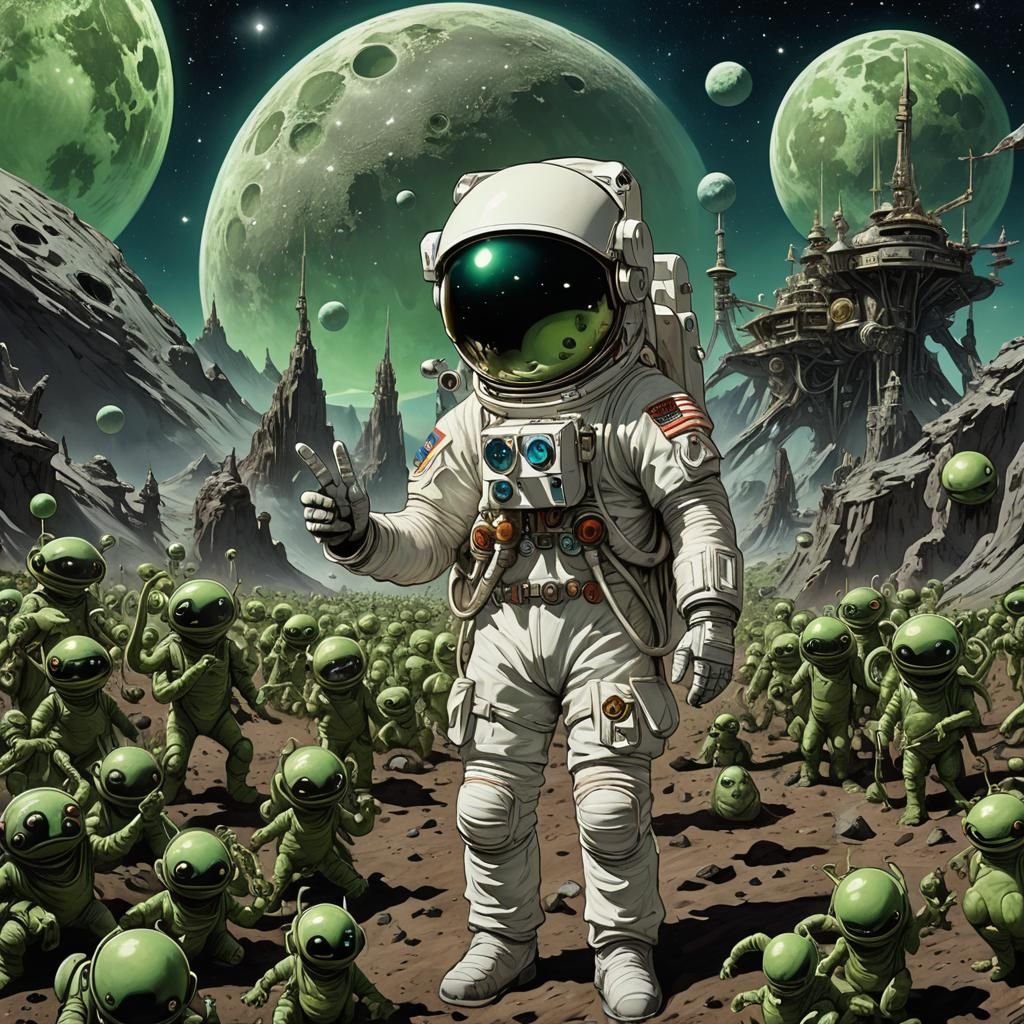 Astronaut's Lunar Greeting in Art Nouveau Sci-Fi