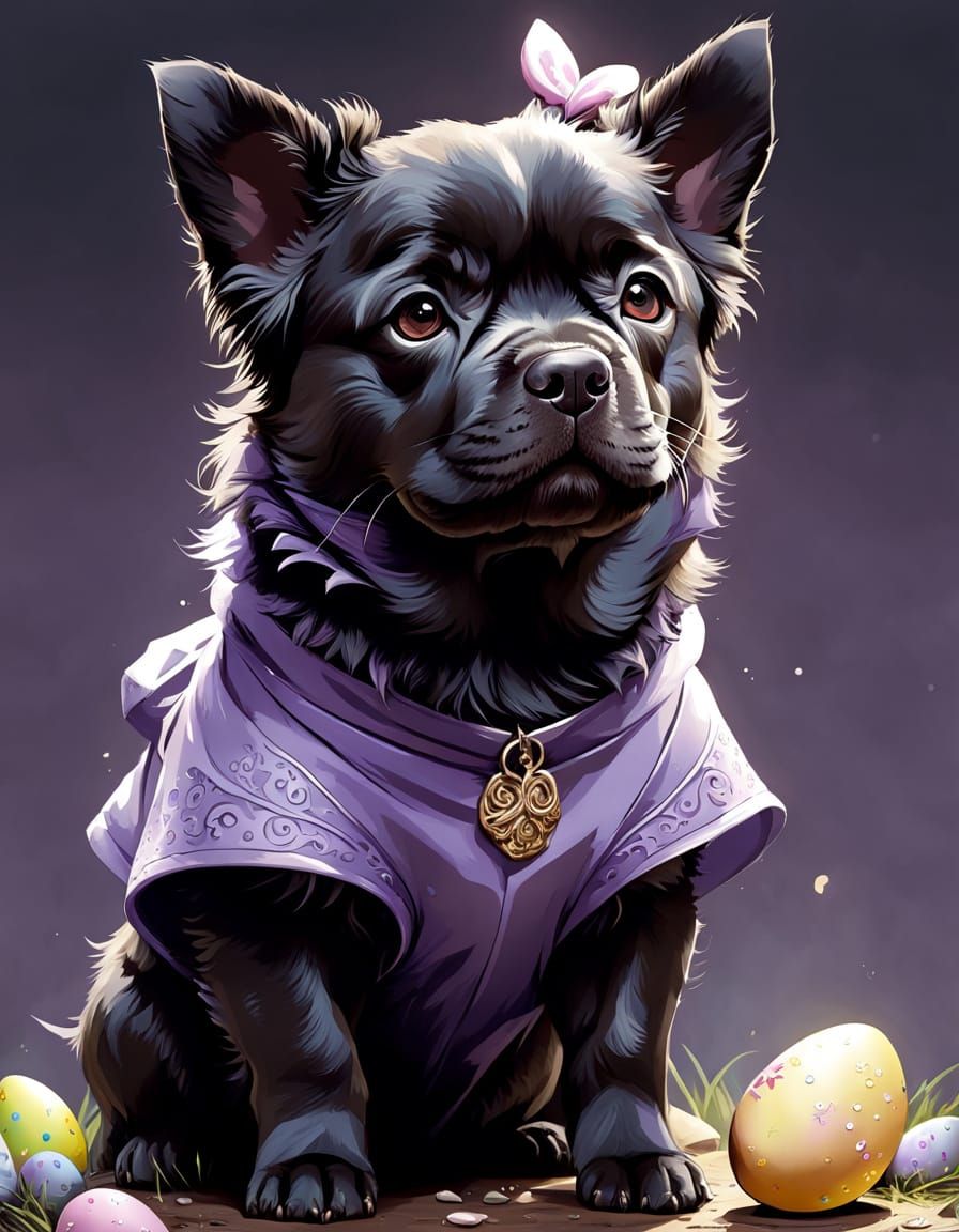 Cute Easter Pitchows Puppy in Pastel Purple Attire