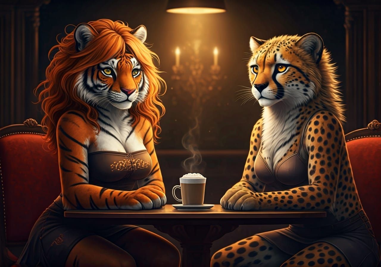 Anthropomorphic Tigress and Cheetah in Cinematic Film Still