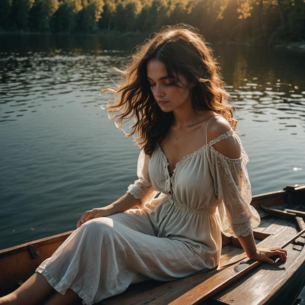 Stunning Brunette on Lake at Sunset, Cinematic Film Still