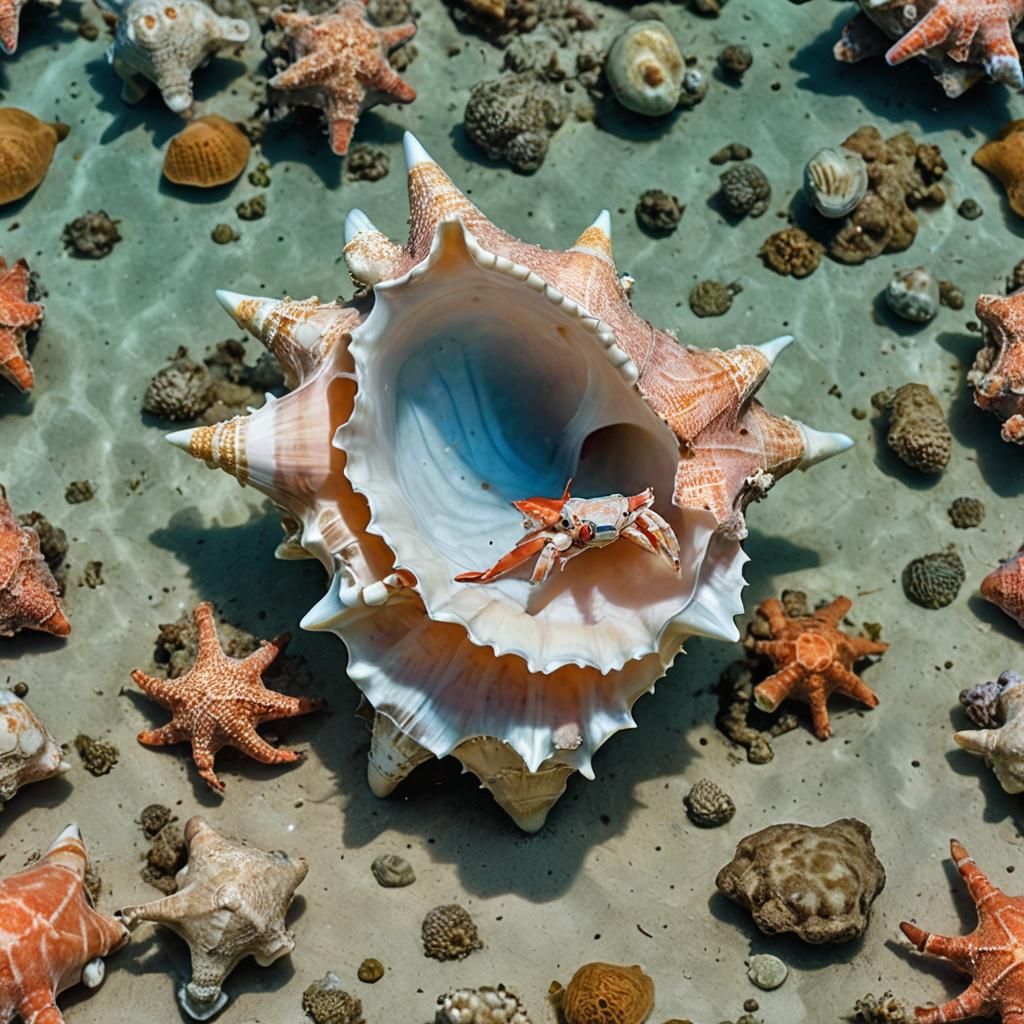 Crab Sheltering in Conch Underwater